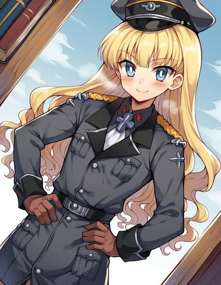 score_9, score_8_up, score_7_up, source_anime, <lora:retia-adolf-ponyxl-lora-nochekaiser:1>, retia adolf, blue eyes, blonde hair, wavy hair, bangs,, gloves, hat, military uniform, peaked cap, zettai ryouiki,, bookstore, browsing shelves, new book smell, finding a favorite, quiet atmosphere, smile, , hands on stomach, blush,, solo,, cowboy shot, dutch angle