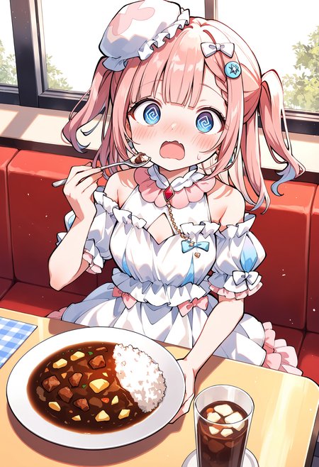 masterpiece, best quality, newest, absurdres, highres, safe, intricate details,
1girl, sirahosi awawa, solo, pink hair, two side up, medium hair, asymmetrical bangs, blue eyes, flustered, @_@, open mouth, looking at viewer, 
white dress, bare shoulder, small breasts, layered skirt, hat, ribbon, hair bow, 
sitting, across table, Family restaurant, eating, on table, curry rice on dish, holding spoon, 
<lora:sirahosi_awawa_v1_noob_epsilon_pred_1:0.8>