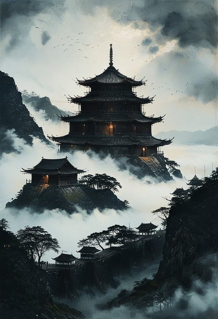 <lora:Shingles_SDXL:0.80> Japanese temple made of mad-shingles
<lora:add-detail-xl:1> , <lora:aidmaImageUpgraderSDXL-v0.3:0.75> aidmaimageupgrader, <lora:xl_more_art-full_v1:1>,   <lora:tbh162-sdxl:1> style of Kawanabe Kyosai
fortress wall around, japanese fortress, big stronghold on a hill, shrine, religious place, mythological place, fog, thick fog,  cloudy sky, dark brooding mood