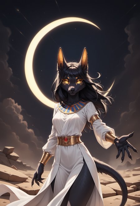 score_9, score_8_up, score_7_up, source_furry, source_fantasy, high quality, perfection, detailed, aesthetic, well-lighted,
1girl, girl focus,
underworld, outdoors, desert, dark background, (dark sky:1.2), black sky, (solar eclipse:1.2),
furry female, furred body, fluffy fur, beautiful girl, cute girl, youthful, beautiful face, detailed face, perfect eyes, detailed eyes,
goddess of underworld, anubis girl, jackal girl, black fur, medium breasts, yellow eyes, glowing eyes, split pupils, black hair, black mane, messy hair, tail, (good hands:1.2),
egyptian clothes, pharaoh clothes, white robe,
looking at viewer, strong wind, reaching towards viewer,
<lora:princess_xl_v2:0.6>, <lora:p_ami_v10_adafactor:0.4>, <lora:incase-ilff-v3-4:0.5>, <lora:CleanDetailed_Eyes:0.25>,âââ