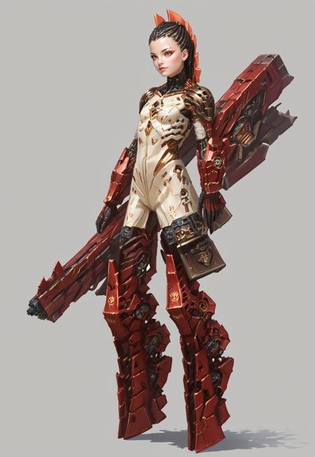 score_9, score_8_up, score_7_up, rating_safe, concept art, semi-realistic, 1girl, solo, 
Young beautiful face, fit body, 
HHWeapon, Mecha musume. Fantasy gun.
Simple background.