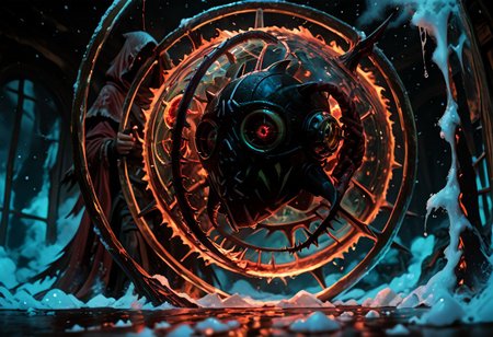 masterwork, masterpiece, best quality, detailed, depth of field, high detail, deep colour, high contrast, very aesthetic, sharp edges, precise, clear focus, highly detailed epic cinematic concept art, (octane render:1.6), (3d shading:1.6),  dynamic lighting, very inspirational, (Dreamlike surrealist painting:1.8),
(the world is burning (inside a glass sphere:1.9) :1.5), watched by a demon, surreal female demon, red eyes, swirling cloak turning into threatening clouds,
snow, glowing footprints, burning tears scorch the land, eldritch, horror, gdv2-illu,
