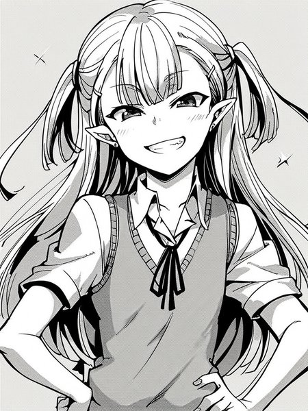 score_9, score_8_up, score_7_up,  
1girl, monochrome, sakuba shitome, white hair, long hair, two side up, pointy ears, flat chest,

upper body, smile, hand on hip, v, grin, looking at viewer, sweater vest, white shirt, short sleeves, neck ribbon,