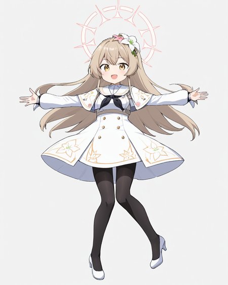 nagisa \(blue archive\),1girl, solo, hair_flower, white_footwear, halo, black_neckerchief, white_dress, high_heels, open_mouth, black_pantyhose, outstretched_arms, long_sleeves, full_body, gun, white_capelet, :d, ^_^, simple_background, white_wings, white_background, hair_bun, white_sailor_collar
<lora:nagisa_(blue_archive)_image577_2023-11-28-000015:1>halo. gorgeous,key visual, vibrant, studio anime,award-winning, professional, highly detailed,high budget, cinemascope