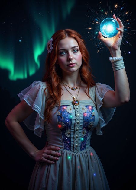 cinematic photo Celtic faerie redhead girl, historic aurora, glowing green eyes, constellation, Chromaplex dress, earth \(planet\), energy, holding energy crystal ball, fireworks, galaxy, glowing, light particles, lips, long hair, looking at viewer, powerful magic, milky way, night, night sky, orb, planet, reflection, shooting star, sky, solo, space, star \(sky\), starry background, starry sky, starry sky print
<lora:midjourney_whisper_innocent_eyes_v01:0.111> midjourney_whisper_innocent_eyes,  <lora:midjourney_whisper_chromaplex_v1:0.222> ,  <lora:Midjourney_Whisper_Chromaplex_Velvet_Myst_v01:0.333> velvet_myst,
 <lora:Opal_Fantasy_Flux:0.222> made of opal, glowing opal fantasy, opalescence, gemstone,, 35mm photograph, film, bokeh, professional, 4k, highly detailed