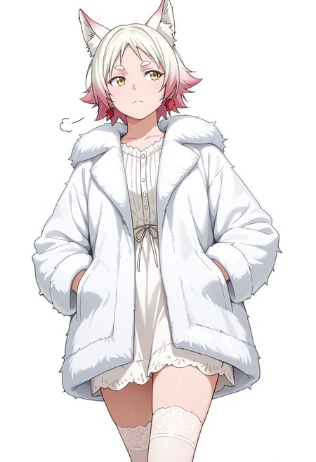 Smooth Quality,masterpiece,very intricate, high quality details, ultra realistic, high detailed skin,detailed enviorement,absurdres,
simple background, white background,solo,
walking pose, one hand in pocket, head slightly turned, casual stride, confident aura,  ,sideways,sigh,frown, 
blouse, ,fur coat, ,lace thighhighs,  , 
 <lora:Momiji_cnn:0.8> momijicnn,1girl, wolf ears, yellow eyes, white hair, pink hair, short hair, gradient hair, thick eyebrows,