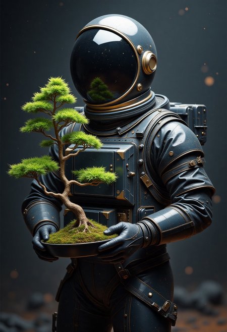 Astronaut in a sleek black spacesuit, holding a vibrant bonsai, set against a dark, gritty nanopunk astral backdrop, with intricately detailed, hyperrealistic textures, with cinematic, high-contrast lighting, and a focus on macro-level details, reminiscent of 64-megapixel HDR photography, featuring complementary colors and volumetric lighting.