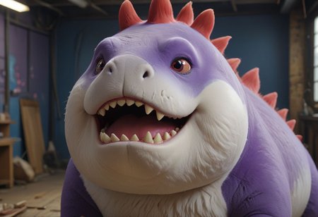 HD, Raytracing, cinematic, sense of scale, 1massive chonkasaurus white, big red round nose, red lipstick, blue eyeshadow, glasgow smile, atmospheric, empty space, colours, blurry background, realistic fur, purple realistic eyes, bloodshot eyes, <lora:chonkasaurus-000003:1>