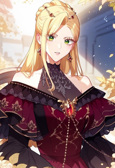 zPDXL3, score_9_up, score_8_up, score_7_up, (Anime_source), 1girl, PAriaRoscente, green eyes, blonde hair, long hair, Aria dress, updo hair, looking at viewer, particles, parted lips
