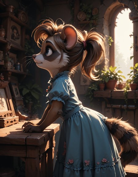 toon, [PonyScores7 :0.3] fur, fluffy, cute,  dark background,  raccoon,  dress,  from side, tail, ponytail,  leaning forward, table, window,
<lora:dark_slider_xl:0.2>
<lora:Goldie_pony:0.4> m0use_goldie,
[realistic :0.3][photo \(medium\) :0.5], volumetric lighting, backlighting, shadow, cinematic, sharp focus,
<lora:Detailed_Backgrounds_pony_v1:1>