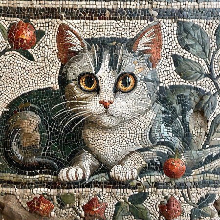 cinematic photo mosaic of a The cat is hunting for the mouse <lora:Roman_Mosaic:1.0>, 35mm photograph, film, bokeh,  professional, 8k, highly detailed