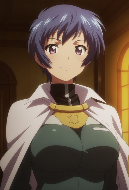 1girl,solo,Michelle,blue hair,short hair,purple eyes,large breasts,anime coloring,
,uniform,cape,upper body, looking at viewer, smile, indoors, 
,masterpiece,best quality,amazing quality,<lora:Michelle-Zero_no_Tsukaima_ix:0.8>