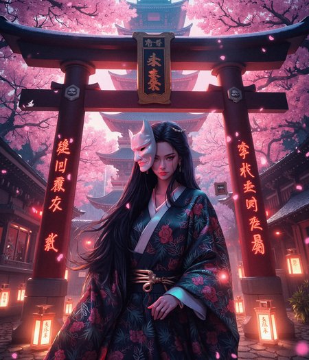 A breathtaking, hyper-detailed digital painting of a beautiful young woman standing beneath a cybernetic torii gate, surrounded by glowing cherry blossoms. She wears a striking Hannya mask pushed to the side of her face, revealing her delicate yet fierce expression, with piercing eyes that shimmer under the ambient neon lights. Her long, silky black hair flows gently in the evening breeze, strands catching the soft glow of floating lanterns.  

She is dressed in a fusion of traditional and futuristic attire—an elegant, form-fitting kimono with intricate cybernetic embroidery, luminous circuit-like patterns pulsing faintly along the fabric. A high-tech obi belt cinches her waist, adorned with metallic ornaments and glowing kanji symbols.  

The background showcases a mesmerizing cyberpunk-Japanese setting: a massive, illuminated pagoda towers in the distance, its intricate architecture enhanced with neon accents and holographic projections. The cybernetic torii gate behind her is made of sleek metal with glowing red inscriptions, pulsating like a digital heartbeat. Cherry blossom petals drift through the air, glowing softly as they catch the light from hovering drones and futuristic lanterns.  

The atmosphere is a perfect blend of traditional mysticism and futuristic cyberpunk aesthetics, with ultra-realistic lighting and texture details—reflections on her metallic accessories, the soft shimmer of silk, and the rain-slicked stone path beneath her feet, all adding to the cinematic depth of the scene. The overall composition is both ethereal and intense, combining beauty, power, and mystery in a hyper-detailed and lifelike art style.  


Art in the style of Yomu_Yakadashi.