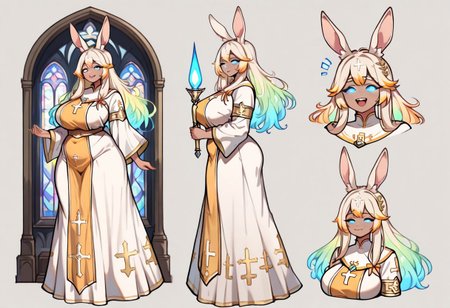 best quality, masterpiece, intricate details, 1girl, sexy, rabbit girl, tan skin, blonde hair, glowing hair, luminous hair, female cleric, hands holding light, plump body, blue eyes, glowing eyes, motherly expression, loving smile, large breast, two-tone hair, red dyed side locks, ribbon hair-ties,  embedding:waifus\HDA_CamilaXL.safetensors , tan skin, cleric robes, detailed embroidery, laurel thigh-garter,  embedding:waifus\, gold anklet, armlet, reference sheet, church interior background, 
 embedding:hda\HDA_MasterpieceXL_v.1.safetensors 
<segment:face,0.4,0.1//cid=1>
<segment:yolo-PitHandDetailer-v1b-seg.pt,0.4,0.25//cid=2>
<segment:yolo-adetailerFootYolov8x_v20.pt,0.4,0.6//cid=3>