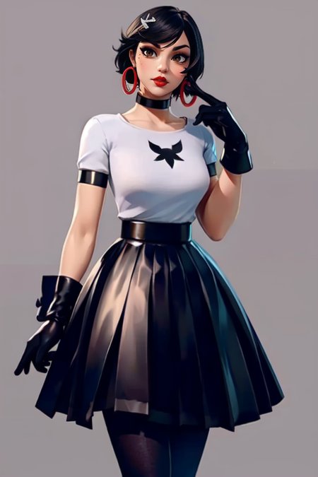 masterpiece,best quality,extreme detail,8k,<lora:evie:0.6>,evie2,upper body,cowboy shot,short hair,makeup,hair ornament,black hair,brown eyes,gloves,black gloves,lips,choker,jewelry,white shirt,high-waist skirt,red lips,mole,high heels,black pantyhose,black footwear,short sleeves,pantyhose,earrings,hoop earrings,