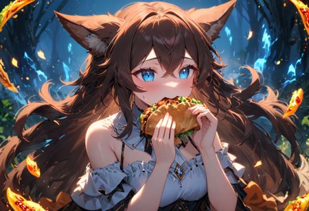 (masterpiece, best quality), great quality, very aesthetic, magic, fantasy, nature, 
(fox girl), 1girl, brown hair, long hair, blue eyes, wavy hair, bangs, hair between eyes, 
(A dress sewn with gemstones that glow softly in the dark, casting a gentle light around the wearer), (eating a delicious taco,)
<lora:artXL\glowneon_xl_v1:1.0>,
<lora:artXL\xl_more_art-full_v1:1.0>,
<lora:artXL\add-detail-xl:1.0>