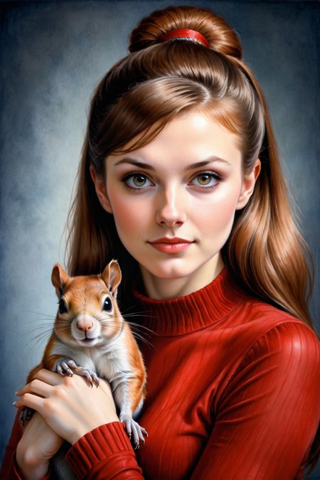 by Phil Noto, by Edwin Georgi, by Lori Earley, cute 18 year old woman and her pet squirrel, watercolor <lora:watercolor_by_ntc:1.00>, oil pastel<lora:oil_pastel:1.00>, by Virgil Finlay,  studio portrait   <lora:more_art:0.30><lora:clothing_slider:2.00><lora:great_lighting:1.30><lora:aesthetic:1.15><lora:photorealistic_portrait:1.25><lora:RMSDXL_Enhance:0.45><lora:RMSDXL_Creative:0.35><lora:RMSDXL_Photo:0.45><lora:RMSDXL_Darkness_Cinema:0.50><lora:XDetail_heavy:0.45><lora:perfect_eyes:0.15><lora:perfect_hands:0.15><lora:midjourney:-0.15><lora:looking_at_viewer:0.75><lora:dpo:0.25>