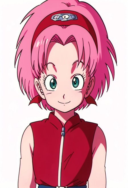 score_9, score_8_up, score_7_up, score_6_up, score_5_up, score_4_up, BREAK, source_anime,
1girl, haruno sakura, pink hair, short hair, green eyes, sleeveless, red shirt, forehead protector,
hands behind back, smile, upper body, looking at viewer, solo, simple background, white background, anime screencap, anime coloring   <lora:SakuraShippudenXL:1> 90s dbz style, style dragon ball z girls 90s, retro style.