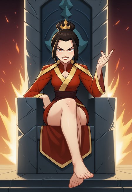 mangamaster, azula, avatar_legends, 1girl, black_hair, brown_eyes, sfw, sitting on a throne, regal pose, confident smile