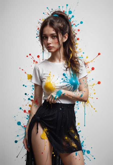 score_9, score_8_up, score_7_up, ultra details, high details, absurdres, masterpiece, best quality, 2k, 4k, very aesthetic, rating_safe, BREAK,
ink splats, ink splatter, rainbow_background, blue_background, green_background, purple_background, yellow_background, BREAK,
 1girl sd332341, solo, (monochrome:1.2), gradient_amber_eyes, long_hair, high_ponytail, two-tone_hair, brown_hair, streaked_hair, red_hair, (nose_piercing), nose_ring, medium_breasts, oversized_shirt, shirt_buttons, black_sarong, eyesHD, high_gradient_eyes, extremely_detailed, BREAK,
(amber_paint_splatter:1.5), paint_splatter_on_hair, BREAK,
(yellow_paint_splatter:1.5), paint_splatter_on_face, BREAK, 
(yellow_paint_splatter:1.75), paint_splatter_on_arms, BREAK,
(yellow_paint_splatter:1), paint_splatter_on_hands, BREAK,
(pink_paint_splatter:1.25), paint_splatter_on_legs, BREAK,
(aqua_paint_splatter:1.75), paint_splatter_on_clothes, BREAK,
(aqua_paint_splatter:1.25), paint_splatter_on_floor, BREAK,
<lora:Ink_Splats:1.2>, <lora:add-detail-xl:1>,