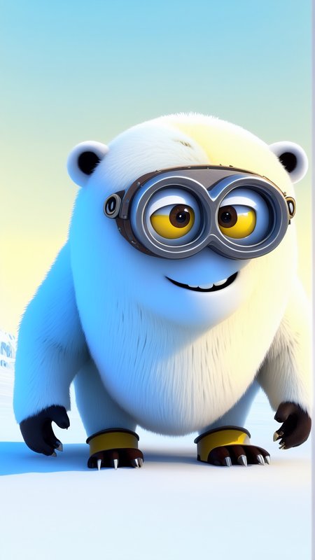 fantasy, archaeology  theme, <lora:MinionStyleXL:1.3> MinionStyle a cyber-enhanced polar bear hunting in the tundra as a minion, 3D, pixar, CG