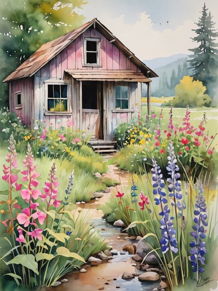 In this evocative watercolor scene, the abandoned shack is unexpectedly adorned with a wildflower garden, its untamed beauty encircling the structure like a vibrant embrace. The soft, watery hues of the flowersâranging from the delicate pinks of wild roses to the deep purples of lupinesâcreate a contrast against the shack's weathered grays and earthy browns. This garden, a riot of color amidst the greens of the surrounding wilderness, whispers stories of resilience and rebirth. The fluidity of watercolors perfectly captures the ephemeral nature of the blooms, with each petal and leaf blending seamlessly into the next, creating a dreamlike quality. Light washes of green suggest the lushness of the grass, interspersed with the vivid colors of the garden, while the nearby stream mirrors the sky's soft pastels. In this painting, the emphasis is on the juxtaposition of decay and growth, highlighting the beauty that thrives in abandonment, all rendered in the luminous, transparent layers that only watercolors can achieve