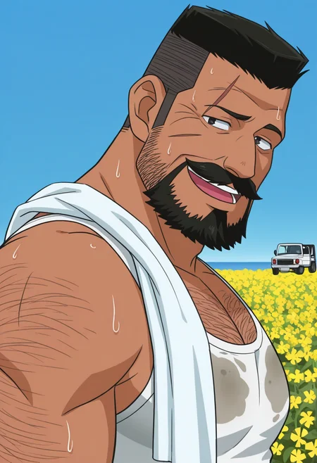 1boy, white tank top, looking at viewer, laughing, open mouth, looking at viewer, looking to the side,
BREAK
<lora:Inspector_Yuminaga_from_Detective_Conan_v1.0:1> (thick mustache:1.5), (long sideburns:1.5),
inspectoryuminaga, old man, black hair, flattop, anime screencap, dark skin, (streaked hair:1.4), (beard:2.0), (full beard:1.5), thick beard,
messy hair, scar on face, scar across eye, wet clothes, sweat, towel on one shoulder,
BREAK
<lora:Best_Dad_Ever-000005_1557830:0.2> b1gd4d, thick arm hair, thick chest hair,
BREAK
outdoors, horizon, rapeseed blossoms, pickup truck, dirty clothes, dirty face, blue sky, 
BREAK
very awa, masterpiece, best quality, absurdres, newest, perfect quality, detailed background, intricate details,