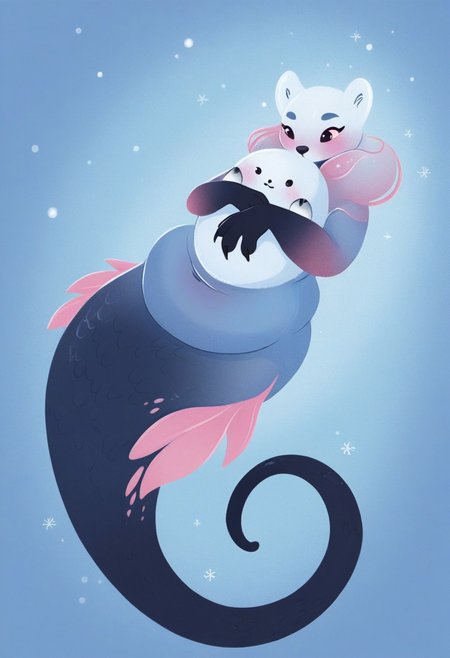 score_9, score_8_up, score_7_up, MSMLN, monster girl, winter creature, pastel fur, claws, dark scales, wide hips, (plump body:1.2), gradient skin, gradient body, curled up,