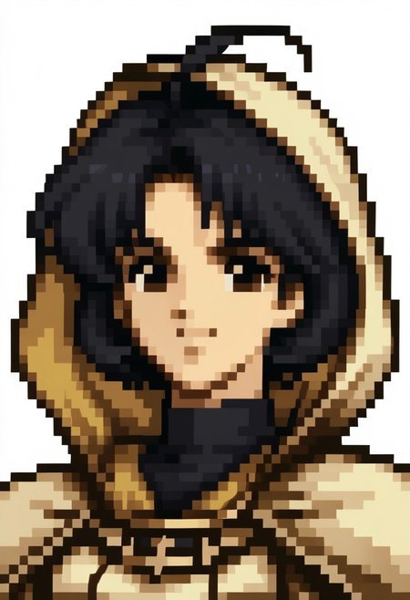 score_9, score_8_up, score_7_up, source_anime, 1girl, solo, smile,
<lora:zs_FE4PortraitsXL:1> fe4portraits, portrait, pixel art, white background
, <lora:LauraRDXL:1> lauraRD, black hair, short hair, ahoge, brown eyes, black turtleneck, white dress, hood down