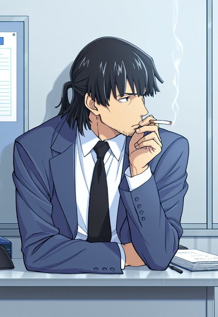 solo, masterpiece, detailed, ultra hd, best quality, 1boy, male, official art, w0lfc0nf, modern, new

FDKurusu, black hair, stubble, black necktie, suit, white shirt, leaning on wall, smoking, cigarette, office, desk, police station