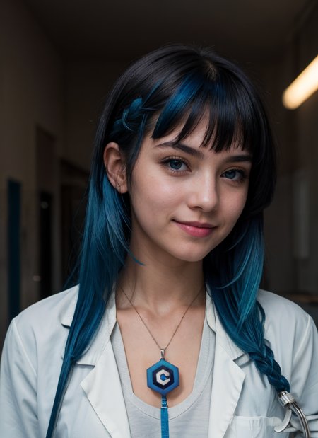 portrait, 1girl, civitai-chan, smile, looking at viewer, braided bangs, (blue hair), blue eyes, labcoat, necklace, lab background, indoor lighting,  <lora:gijinkaseries_civitai:0.8>