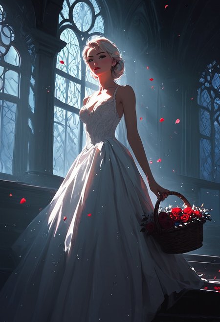 **Masterpiece, score_9, score_8_up, score_7_up, hyper-detailed, 8K, digital photo, haunting zero-gravity scene, dimly lit space capsule interior, lifeless woman drifting weightlessly, ethereal presence, flowing white gown with intricate frills and fringes, delicate fabric moving in slow motion, hair suspended in air like ink in water, scattered floating objects, crimson rose petals, aged papers, open books, gliding pen, silk scarf unraveling mid-air, fruit basket in slow spin, eerie stillness, flickering cabin lights casting fragmented shadows, deep black void outside window, cold metallic walls reflecting ambient glow, console screen emitting soft cyan hue, subtle fog effect enhancing the dreamlike atmosphere, cinematic lighting, hyper-real textures, melancholic isolation, sci-fi surrealism, weightless beauty, frozen moment in time.**serenity, sophistication, HD, ultra-detailed, masterpiece artwork, sinozick style, flat color, dark theme, 1g0r, Expressiveh, g4n1m3, comicbookpage style, 1girl, adult, solo, score_9, score_8_up, score_7_up