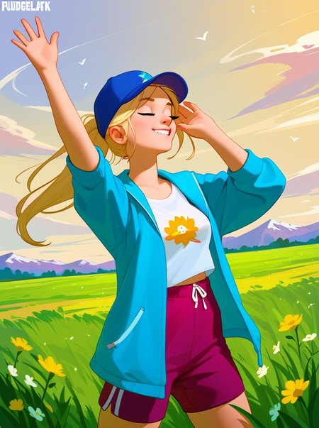 score_9, score_8_up, score_7_up, PDXL, <lora:PudgeRuffianV1:1.2>, pudgeruffian, 
1girl, cute face, closed eyes, long blonde hair, average breasts, standing in the middle of a grassy field, hair waving in the wind, stretching BREAK mountains in the background