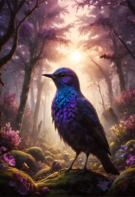 ral-apoctvisn, dark, chiaroscuro, low-key, breathtaking masterpiece showcasing a gorgeous little bird, Violet-crowned nymph,  bathed in soft, golden morning light, surrounded by vibrant bokeh balls that frame its delicate form. The image will be rendered in sharp detail, capturing every feather and intricate feature of the bird with stunning clarity. The soft, diffused lighting will enhance the warmth and radiance of its plumage, while high-quality bokeh adds a magical touch to the scene. Multiple image exposures will be expertly combined to emphasize the bird's vibrant colors and captivating gaze, resulting in a lifelike portrayal of tranquil beauty.
The artwork will feature shimmering digital colors in a mixed media style on textured paper, creating an overlapping, asymmetrical, abstract composition bursting with vibrant hues. Every inch of the image will be filled with intricate details, from the feathers of the nymph to the surrounding environment, all depicted in extreme detail. The wide range of colors will add depth and richness to the scene, with soft shadows and low saturation tones creating a serene yet evocative atmosphere.
With insane quality, resolution, and details, the final image will be a true masterpiece of nature photography, showcasing dramatic, dynamic, and cinematic elements. The sharp details will bring the scene to life, immersing viewers in the beauty and wonder of the Violet-crowned nymph in a way that is both breathtaking and captivating.