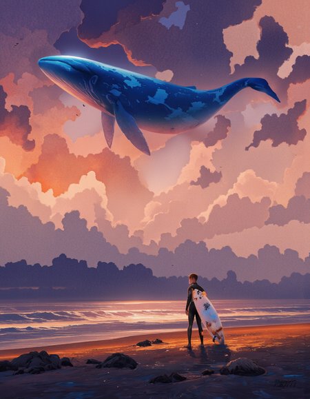 By Artem Chebokha. A digital illustration taken from the side depicting a serene beach scene. The silhouette of a man holding a surfboard gazes at a majestic, blue whale-like creature in the sky. The scene takes place against a dramatic, stormy sky, with vibrant orange, pink, and purple tones. The man, seemingly an adult, stands in the center of the image with his back to the viewer. He is wearing a black wetsuit and holding a white surfboard. A slim figure, he stands on a sandy beach with the ocean stretching out before him. The ocean is calm, with gentle waves, and the sky is bathed in a mixture of warm and cool hues, with a few birds flying in the distance. The overall mood is one of tranquility and serenity, as if the man is lost in thought and contemplating the beauty of the moment.