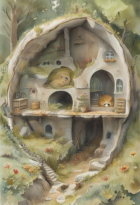 (watercolor art), depicting the inside of a burrow that functions as a the cozy dwelling of a sentient hedgehog.