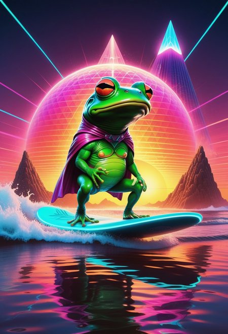 A surreal scene featuring a Quantum-Pickle Frogsurfer, a humanoid frog with slick, green, semi-translucent skin resembling pickles, balancing effortlessly on a glowing quantum energy surfboard. The surfboard emits trails of neon pink and cyan light, warping space-time around it with rippling, kaleidoscopic effects. The frog wears retro-futuristic shades, a neon headband, and a billowing vaporwave-patterned cape. The background is a swirling ocean of liquid rainbows, punctuated by floating geometric shapes and glowing pyramids. Above, a gridline sunset in vibrant magentas and oranges radiates retro-futuristic vibes. The atmosphere is absurd and dreamlike, with bright, high-contrast colors and a playful, surreal tone. Style is vivid vaporwave surrealism, blending clean geometric lines with organic absurdity.