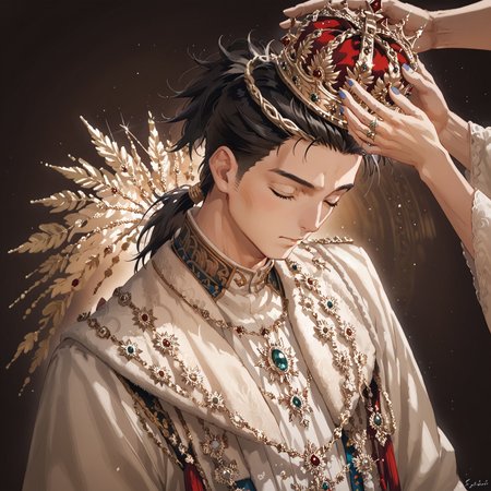 safe_pos, safe_pos, Score_9,score_8_up,score_7_up, Highly detailed, masterpiece, high quality, beautiful, high resolution, good details, 1boy, 1boy, sexy (cute petite boy), source_anime, skinny, aged down, petite, Boy, detailed background,

van freiheit, black hair, spike hair, brown eyes, ponytail

Solo, solo focus,  crown, blue nails, upper body, solo, male focus, closed eyes, ring