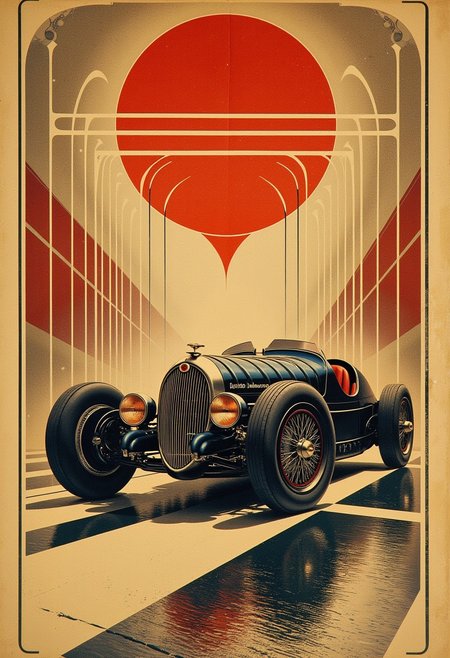 ArsMJStyle, ArtDecoVintageFuture, art deco poster style of 1930s Bugatti racing car