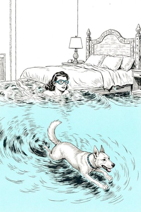 alexray1 drawing.
 a woman and her dog swimming in a bedroom completely filled with water. The room's furniture, including a bed, nightstand, and lamp, is all submerged, creating an otherworldly underwater environment. The woman, wearing goggles, her head half submerged, with her hair floating freely in the water, moves gracefully as she glides past the submerged bed, her dog swimming energetically by her side. The dog's tail wags as it paddles through the water, clearly enjoying this unexpected adventure. Soft light filters through the water, casting gentle ripples and reflections across the room, adding to the dreamlike atmosphere of the scene  <lora:alexray1_nocap_d6a3:1.0><lora:815495143105808301:0>