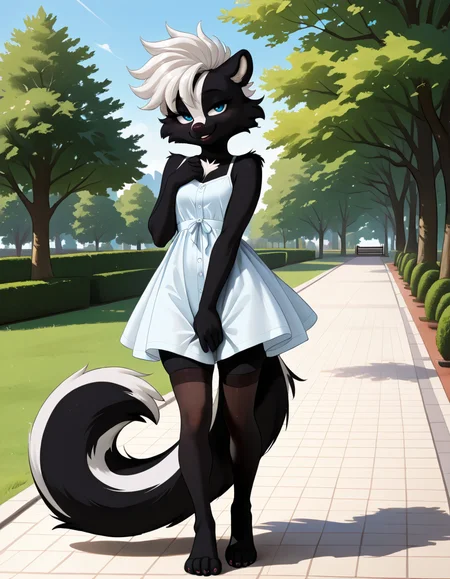 masterpiece, best quality, very aesthetic, absurdres,
outdoors, park, 
sundress, thighhighs, 
full body, standing, posing, 
seductive smile, parted lips, long eyelashes,
 <lora:Amberr_v02_NAIXL:1>
Amberr,1girl,solo,furry,furry female, skunk girl ,white hair, skunk ears, short hair, blue eyes, snout, animal nose, body fur, black fur, white fur, two tone fur, skunk tail,