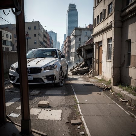 masterpiece, absurdres, high quality, realistic,
abandoned city, crumbling buildings, broken glass, broken doors, car parts, broken vehicles,
20 megapixel, detailed, movie grain