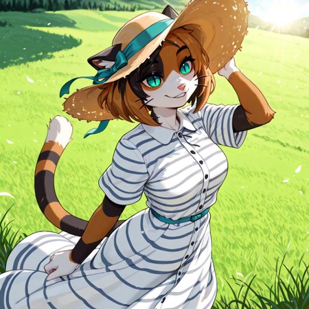 masterpiece, best quality, newest, absurdres, highres, furry, perfect anatomy, K4w4,1girl,solo,furry,furry female,cat girl,short hair,multicolored hair,cat ears,aqua eyes,slit pupils,snout,animal nose,whiskers,body fur,two-tone fur,cat tail,striped tail, hills, grass, sunny, windy, striped dress, black and white dress, sun hat, sunshine, beautiful, looking off, happy, smiling,