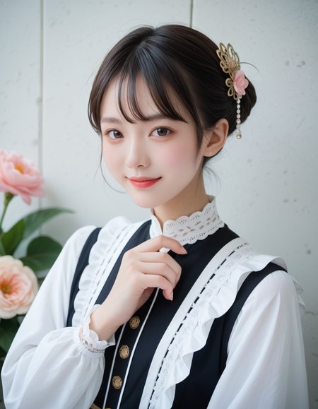score_9, score_8_up, high quality, masterpiece,
[:natural skin, detailed skin, (skindentation:0.3):0.5], skin pore, pale skin,
cinematic light, finely detailed face, looking at viewer, (Composition from the waist up:1.4),
1 girl, 18year old, black short hair , naughty smile, Ruffled long sleeve shirt, hair ornaments,
lots of delicate flowers background, [Cloudy sky:0.2], kissmilk, <lora:kissmilk_v12-10:0.7>