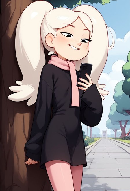 score_9, score_8_up, score_8, score_9, 1girl, solo, ((solo focus)) 
long hair, platinum blonde hair, long twin pigtails, red freckles, black eyes, oversized black dress, sleeves covering hands, light pink scarf, salmon pink tights, black sneakers,, small breasts, smug,
<lora:Twintails_Marra_v1:>
outdoors, sidewalk, leaning against tree, holding cellphone, looking down, ((upper body focus))