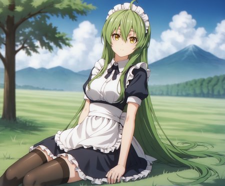 score_9, score_8_up, score_7_up, highres, hi res, best quality, masterpiece, 2d, intricate details, 4k, anime coloring, shadow, uncensored,
1girl, solo, female, long hair, hair between eyes, very long hair, yellow eyes, green hair, ahoge, 
maid headdress, maid, maid apron, frills, frilled dress, frilled skirt, frilled sleeves, black dress, stocking, thighhighs, 
upper body, portrait, looking at viewer, sitting, 
outdoors, on grass, grass, field, depth of field, horizon, field, blue sky, cloudy sky, mountains, forests, tree, <lora:Satori_Tamaba1024_Pony:1>, busou shoujo machiavellism, tamaba satori,