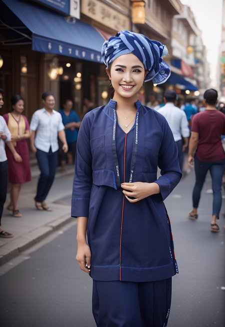 cinematic film still Full body shot,photo of a 19 year old asian woman, standing on a busy street in city, navy blue paoh traditional dress, turban, rokiah dress, highly detailed skin with hair,  perfectsmile smile,fit,abs,bright light,hard shadows
, shallow depth of field, highly detailed, cinemascope, moody, epic, gorgeous, <lora:rokiah_dress-000008:1>