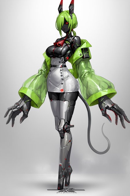 score_9, score_8_up, score_7_up, score_6_up, score_5_up, score_4_up, BREAK, source_anime, solo, 1girl, rating_safe, ((mature female)), ((long green flowing hair)), mechanical parts, (big backwards folded mechanical rabbit ears), mature female, (bunny ears), (animal ears), subdermal port, ((milf, mature female, big breasts)), hexagon lines in skin, naval uniform overcoat, naval uniform, white military uniform, dress_uniform, ribbons, ((red eyes)), bunny tail, rabbit tail, aiguillette, ((green hair)), ascot, ((Ground level (from the side) view Extreme Close shot)), latex pilot suit, shoulder cutout, bunny rabbit Tail, ((hair over one eye, )), digitigrade, clawed feet, minimal clothes, ((metal skin, shiny skin, vampire aesthetic, digital eyes, filled eyes, monochromatic eyes, glowing eyes, colored sclera, red sclera, mechanical eyes, partially shaded face, )), <lora:ECHANIS:1>,  <lora:Borg Assimilation:0.8> BORG (RACE), BORG <MAN/WOMAN>, BROG QUEEN (STAR TREK)