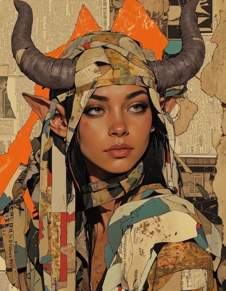 By Phandigrams. A digital illustration shoot from a portrait camera angle about a stylized portrait of a female character with horns and elf-like features, surrounded by a background of old, torn newspapers. the image also shows a mix of textures and colors. on the middle of the image, a woman appears to be in her late 20s, with dark skin, pointed ears, and a serious expression. she is facing the viewer, with her eyes looking to the side. her hair is styled in long hair, and she is wearing a headdress made of newspaper pieces. the background is filled with various colors and patterns, including orange and yellow, which adds to the vintage feel of the artwork.