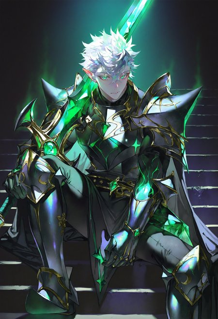 artist:[diyokama|yoneyama mai|lam \(ramdayo\)|quasarcake],
1boy, knight, muscular, pointy ears, [pearl:emerald:0.5], on stairs, sword, dazzling, armored dress, shoulder armor, white hair,
[|green gemstone:10], bright inner glow, iridescent, ultraviolet light,
masterpiece, best quality, very awa, absurdres
<lora:noobai_vpred_1_green_emerald_v1:1>